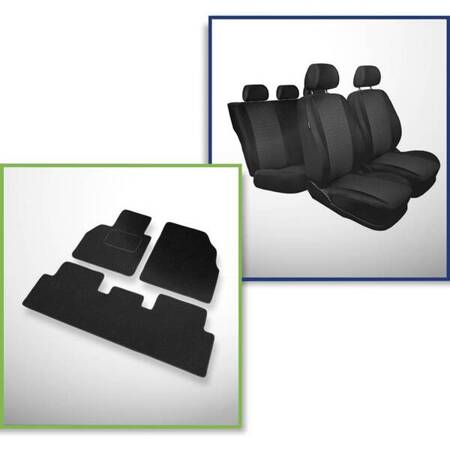 Set: filcové koberčeky + autopoťahy šité na mieru pre Renault Scenic II MPV (2003-2009) – Practic